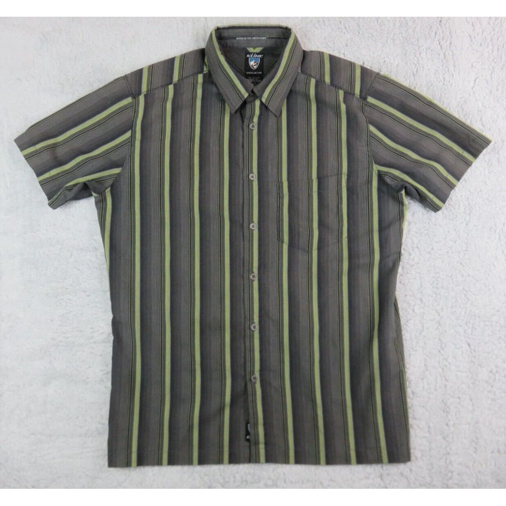 Mens KUHL Short Sleeve Button Front Shirt Hiking Size M Green‎ Striped Organic